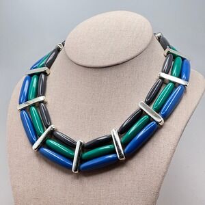 Retro Acrylic Beaded Choker Necklace Blue Green Color block Geometric Silver Bar